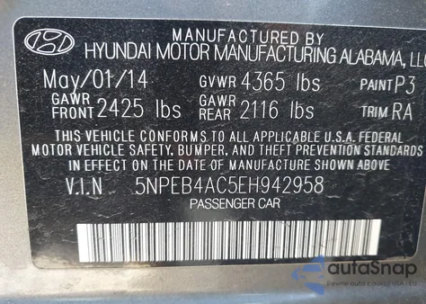 2014 Hyundai Sonata Gls z USA, uszkodzony, nr VIN 5NPEB4AC5EH942958